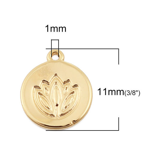 Immagine di Ottone Charms Fiore Di Loto 18K Vero Oro Placcato Tondo 11mmx 10mm, 3 Pz