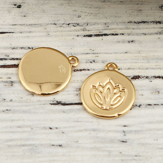 Immagine di Ottone Charms Fiore Di Loto 18K Vero Oro Placcato Tondo 11mmx 10mm, 3 Pz
