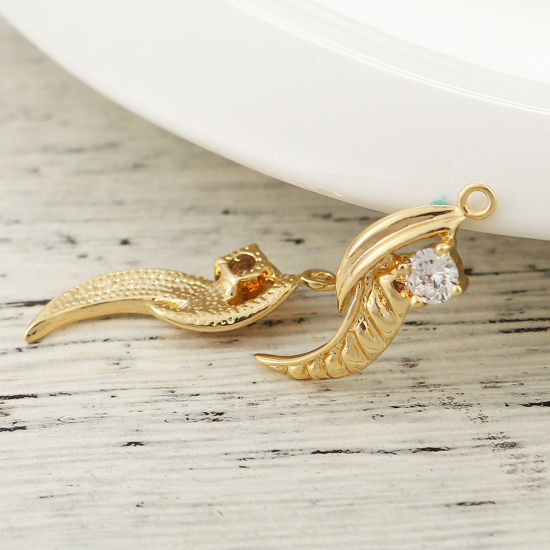 Picture of Brass Charms Wing 18K Real Gold Plated Clear Rhinestone 24mm(1") x 8mm( 3/8"), 3 PCs                                                                                                                                                                          