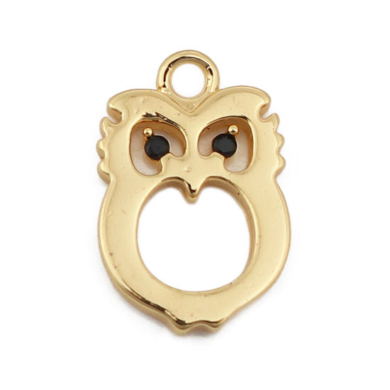 Picture of Brass Charms Owl Animal 18K Real Gold Plated Black Rhinestone 13mm( 4/8") x 8mm( 3/8"), 2 PCs                                                                                                                                                                 