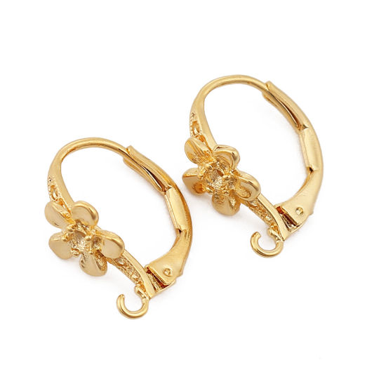 Image de Boucles d'Oreilles Dormeuse en Laiton Plaqué Or Véritable 18K Fleur avec Boucle (Apparié à Strass ss4 Dos en Pointe) 16mm x 8mm, Epaisseur de Fil: (18 gauge), 4 Pcs