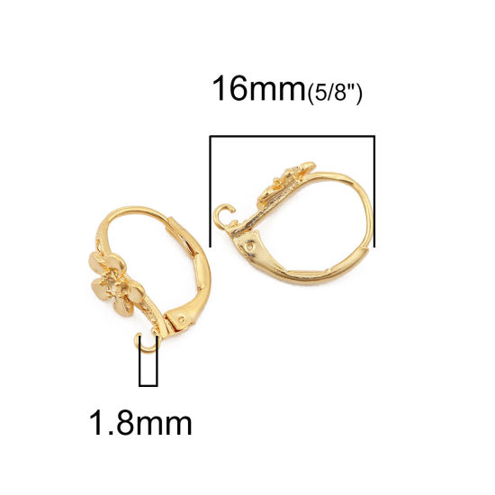 Image de Boucles d'Oreilles Dormeuse en Laiton Plaqué Or Véritable 18K Fleur avec Boucle (Apparié à Strass ss4 Dos en Pointe) 16mm x 8mm, Epaisseur de Fil: (18 gauge), 4 Pcs