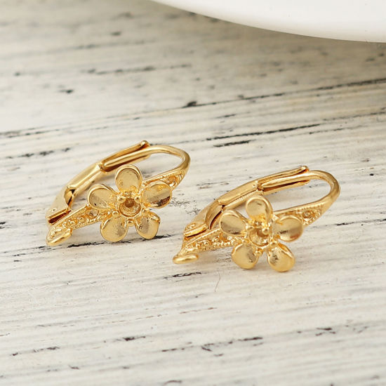 Image de Boucles d'Oreilles Dormeuse en Laiton Plaqué Or Véritable 18K Fleur avec Boucle (Apparié à Strass ss4 Dos en Pointe) 16mm x 8mm, Epaisseur de Fil: (18 gauge), 4 Pcs
