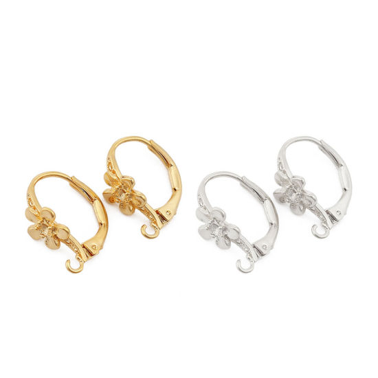 Image de Boucles d'Oreilles Dormeuse en Laiton Plaqué Or Véritable 18K Fleur avec Boucle (Apparié à Strass ss4 Dos en Pointe) 16mm x 8mm, Epaisseur de Fil: (18 gauge), 4 Pcs