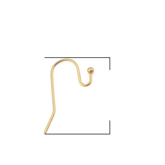 Picture of Brass Ear Wire Hooks Earring Findings 18K Real Gold Plated 21mm( 7/8") x 11mm( 3/8"), Post/ Wire Size: (21 gauge), 20 PCs