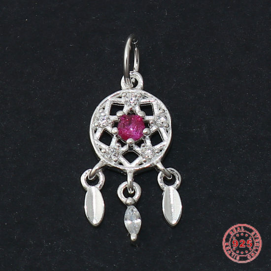 Picture of Sterling Silver Charms Silver Dream Catcher Fuchsia W/ Jump Ring Fuchsia & Clear Rhinestone 20mm( 6/8") x 8mm( 3/8"), 1 Piece