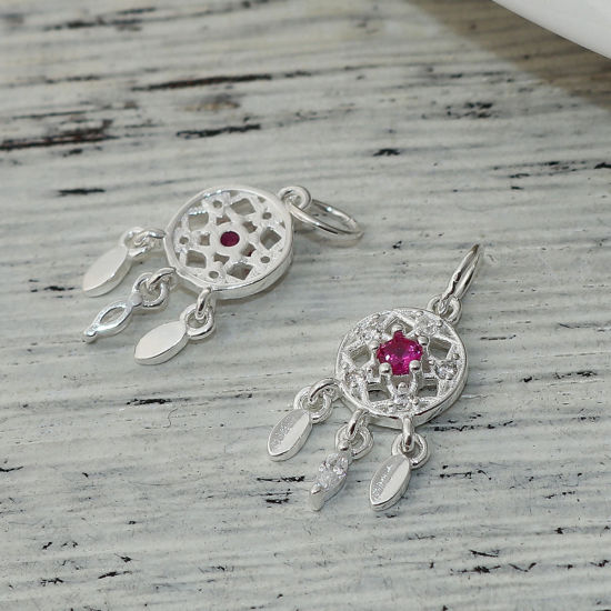 Picture of Sterling Silver Charms Silver Dream Catcher Fuchsia W/ Jump Ring Fuchsia & Clear Rhinestone 20mm( 6/8") x 8mm( 3/8"), 1 Piece