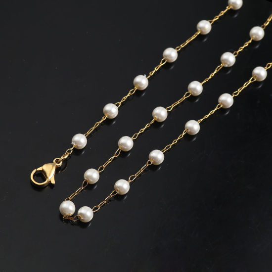 Immagine di 1 Pz Placcatura Sottovuoto 304 Acciaio Inossidabile Catena Collana Oro Placcato Bianco Perla Imitato Acrilico 74cm Lunghezza, Dimensione della Catena 5mm