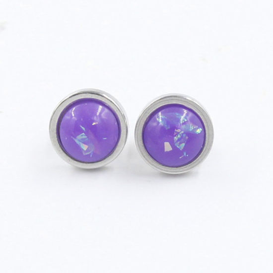 Bild von 304 Edelstahl & Opal ( Synthetisch ) Monatsstein Ohrring Ohrstecker Silberfarbe Lila Rund Oktober 8mm D., Drahtstärke: (20 gauge), 1 Paar
