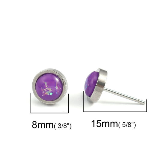 Bild von 304 Edelstahl & Opal ( Synthetisch ) Monatsstein Ohrring Ohrstecker Silberfarbe Lila Rund Oktober 8mm D., Drahtstärke: (20 gauge), 1 Paar
