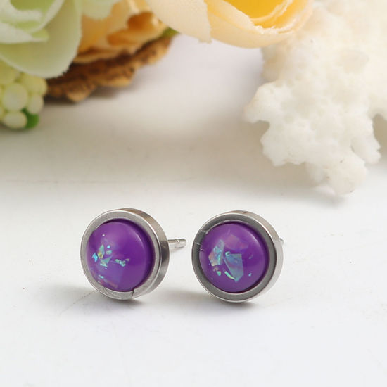 Bild von 304 Edelstahl & Opal ( Synthetisch ) Monatsstein Ohrring Ohrstecker Silberfarbe Lila Rund Oktober 8mm D., Drahtstärke: (20 gauge), 1 Paar