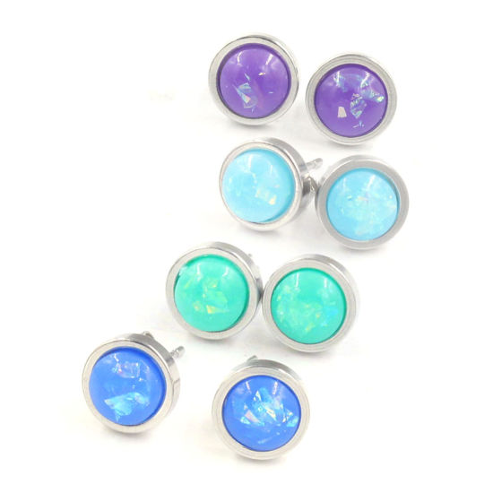 Bild von 304 Edelstahl & Opal ( Synthetisch ) Monatsstein Ohrring Ohrstecker Silberfarbe Lila Rund Oktober 8mm D., Drahtstärke: (20 gauge), 1 Paar