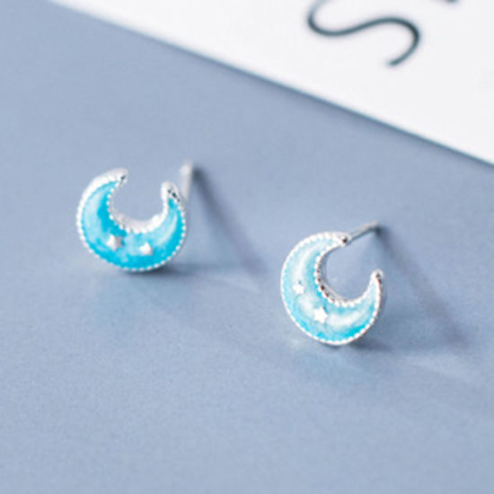 Picture of Sterling Silver Ear Post Stud Earrings Light Blue Half Moon Star Enamel 8mm( 3/8") x 8mm( 3/8"), 1 Pair