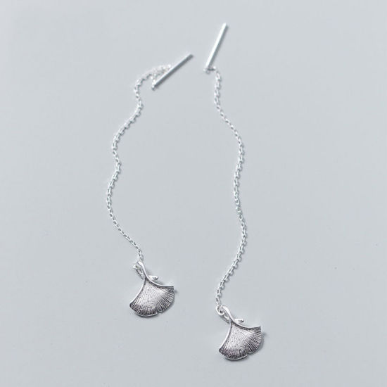 Picture of Sterling Silver Ear Thread Threader Earrings Silver Gingko Leaf 8.9cm(3 4/8") x 1.1cm( 3/8"), 1 Pair