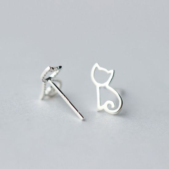Picture of Sterling Silver Ear Post Stud Earrings Silver Cat Animal Hollow 9mm( 3/8") x 5mm( 2/8"), 1 Pair