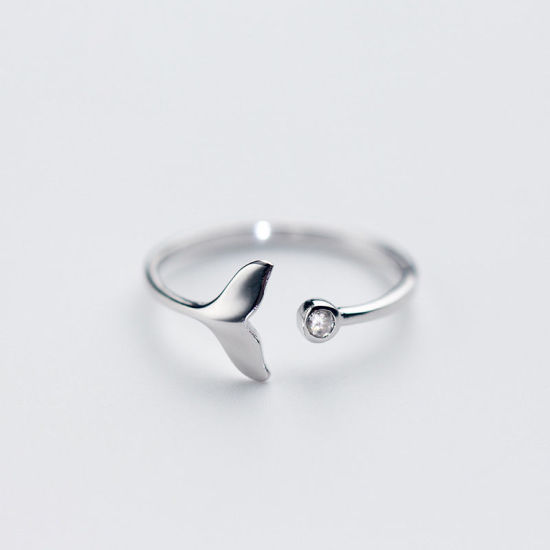 Picture of Sterling Silver Open Rings Silver Whale Tail Clear Rhinestone, 1 Piece