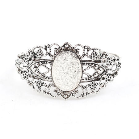 2 PCs Brass & Iron Based Alloy Cabochon Settings Open Cuff Bangles Bracelets Findings Oval Filigree Antique Silver Color (Fits 25mmx18mm) 15.5cm(6 1/8") long