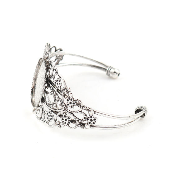 Bild von 2 Stück Legierung auf Messing- und Eisenbasis Cabochon Settings Offen Manschette Armreife Armband Findings Oval Filigran Antiksilber (Fits 25mmx18mm) 15.5cm long