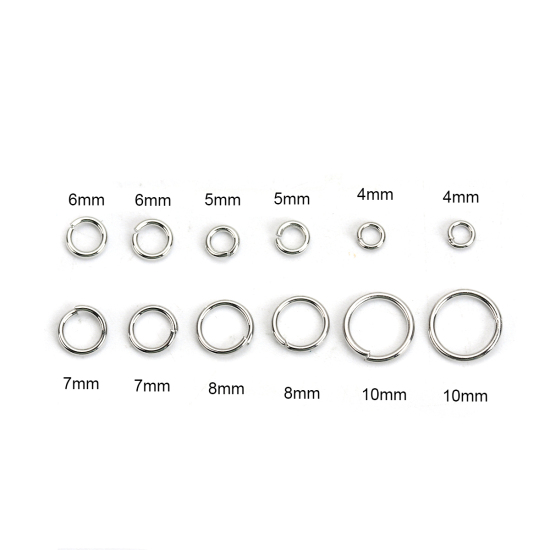 Picture of 1.1mm-0.7mm Copper Opened Jump Rings Findings Silver Tone Mixed 10mm Dia. - 4mm Dia., 1 Box (Approx 555 PCs/Box)