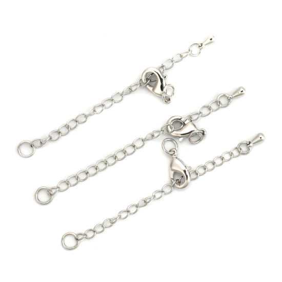 Picture of Brass Extender Chain For Jewelry Necklace Bracelet Silver Tone Drop 7cm(2 6/8") long - 6.5cm(2 4/8") long 1.6cm x0.7cm( 5/8" x 2/8"), 4 Sets                                                                                                                  