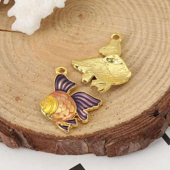 Picture of Zinc Based Alloy Ocean Jewelry Charms Fish Animal Gold Plated Peachy Beige Enamel 23mm( 7/8") x 18mm( 6/8"), 5 PCs