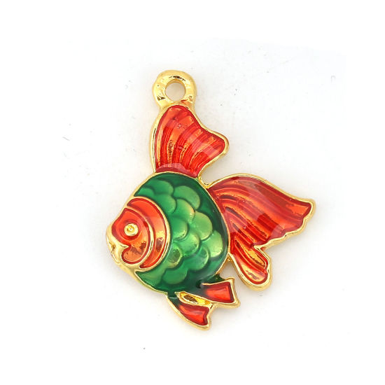 Bild von Zinklegierung Ozean Schmuck Charms Fisch Vergoldet Rot & Grün Emaille 23mm x 18mm, 5 Stück