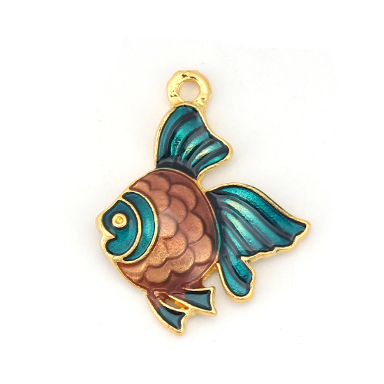 Picture of Zinc Based Alloy Ocean Jewelry Charms Fish Animal Gold Plated Coffee Enamel 23mm( 7/8") x 18mm( 6/8"), 5 PCs