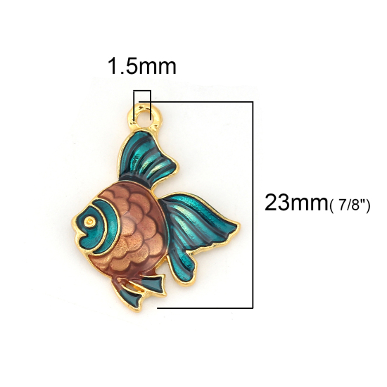 Bild von Zinklegierung Ozean Schmuck Charms Fisch Vergoldet Kaffeebraun Emaille 23mm x 18mm, 5 Stück