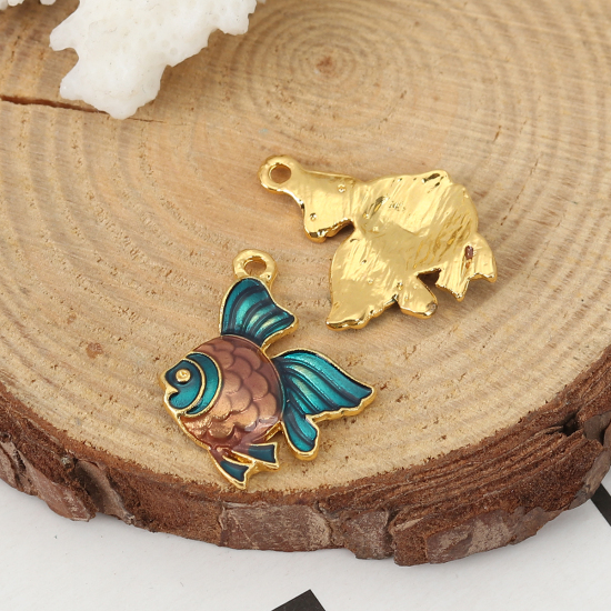 Bild von Zinklegierung Ozean Schmuck Charms Fisch Vergoldet Kaffeebraun Emaille 23mm x 18mm, 5 Stück