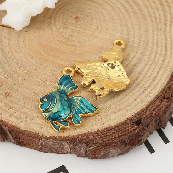 Picture of Zinc Based Alloy Ocean Jewelry Charms Fish Animal Gold Plated Green Enamel 23mm( 7/8") x 18mm( 6/8"), 5 PCs