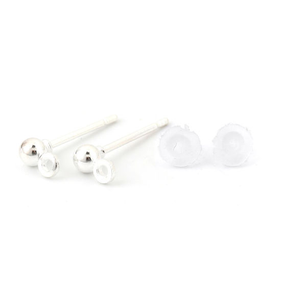 Bild von Eisenlegierung Ohrring Ohrstecker Zubehör Rund Versilbert M/Öse 5mm x 3mm, Drahtstärke: (20 gauge), 100 Stück