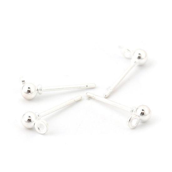 Bild von Eisenlegierung Ohrring Ohrstecker Zubehör Rund Versilbert M/Öse 5mm x 3mm, Drahtstärke: (20 gauge), 100 Stück