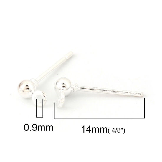 Bild von Eisenlegierung Ohrring Ohrstecker Zubehör Rund Versilbert M/Öse 5mm x 3mm, Drahtstärke: (20 gauge), 100 Stück