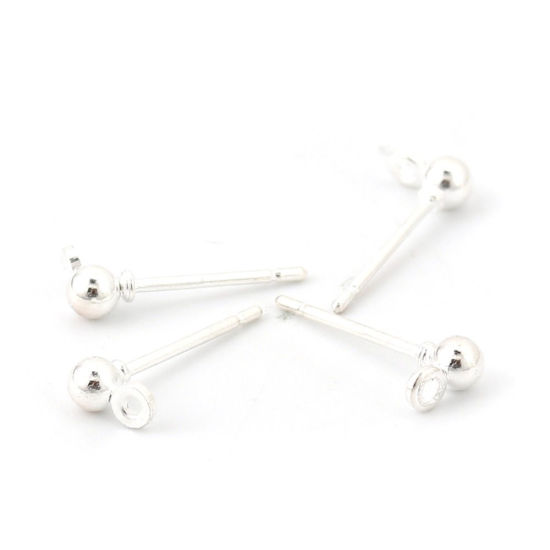 Bild von Eisenlegierung Ohrring Ohrstecker Zubehör Rund Versilbert M/Öse 5mm x 3mm, Drahtstärke: (20 gauge), 100 Stück