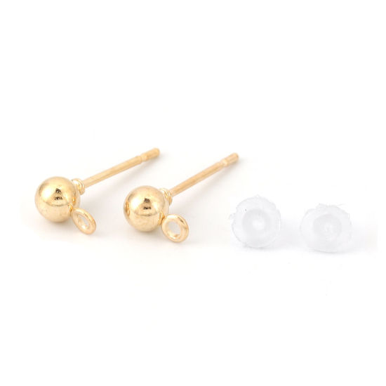 Bild von Eisenlegierung Ohrring Ohrstecker Zubehör Rund Vergoldet M/Öse 6mm x 4mm, Drahtstärke: (20 gauge), 50 Stück