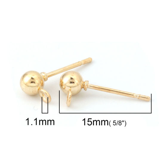 Bild von Eisenlegierung Ohrring Ohrstecker Zubehör Rund Vergoldet M/Öse 6mm x 4mm, Drahtstärke: (20 gauge), 50 Stück