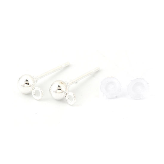 Bild von Eisenlegierung Ohrring Ohrstecker Zubehör Rund Versilbert M/Öse 6mm x 4mm, Drahtstärke: (20 gauge), 50 Stück