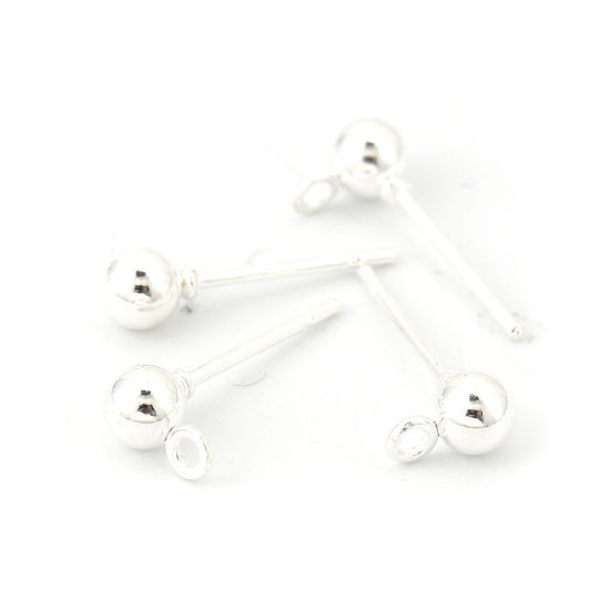 Bild von Eisenlegierung Ohrring Ohrstecker Zubehör Rund Versilbert M/Öse 6mm x 4mm, Drahtstärke: (20 gauge), 50 Stück