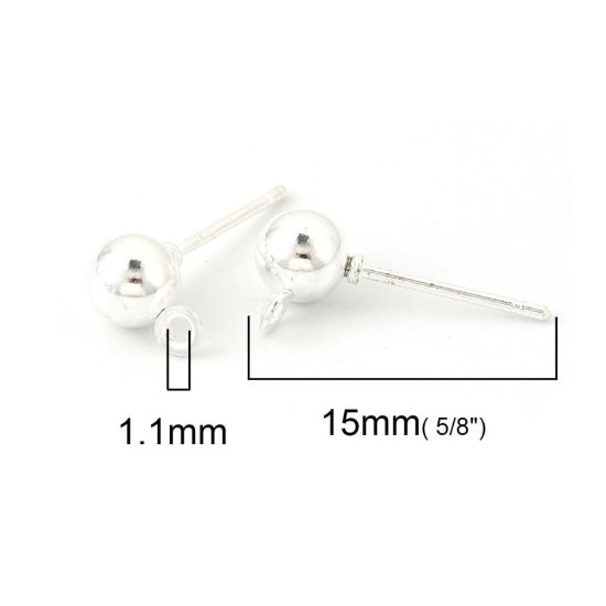 Bild von Eisenlegierung Ohrring Ohrstecker Zubehör Rund Versilbert M/Öse 6mm x 4mm, Drahtstärke: (20 gauge), 50 Stück
