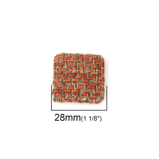 Picture of Zinc Based Alloy Embellishments Square Silver Tone Orange Grid Checker Fabric Covered 28mm(1 1/8") x 28mm(1 1/8"), 10 PCs