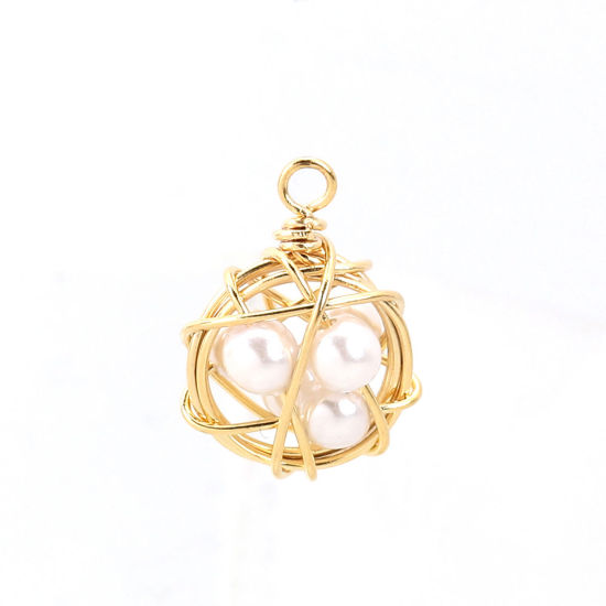 Picture of Acrylic & Brass Metallic Wire Charms Ball 18K Real Gold Plated White Imitation Pearl 18mm( 6/8") x 13mm( 4/8"), 1 Piece