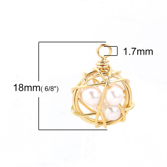 Picture of Acrylic & Brass Metallic Wire Charms Ball 18K Real Gold Plated White Imitation Pearl 18mm( 6/8") x 13mm( 4/8"), 1 Piece