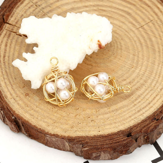 Picture of Acrylic & Brass Metallic Wire Charms Ball 18K Real Gold Plated White Imitation Pearl 18mm( 6/8") x 13mm( 4/8"), 1 Piece