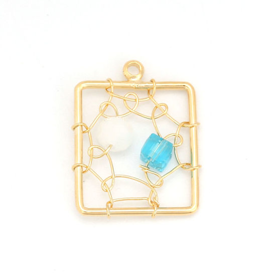 Picture of Acrylic & Brass Metallic Wire Charms Rectangle 18K Real Gold Plated Blue 19mm( 6/8") x 15mm( 5/8"), 1 Piece