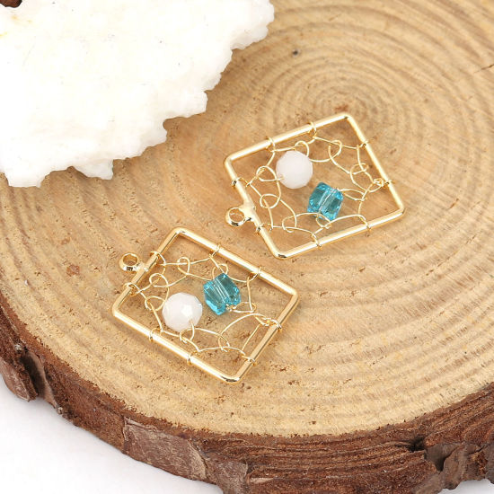 Picture of Acrylic & Brass Metallic Wire Charms Rectangle 18K Real Gold Plated Blue 19mm( 6/8") x 15mm( 5/8"), 1 Piece