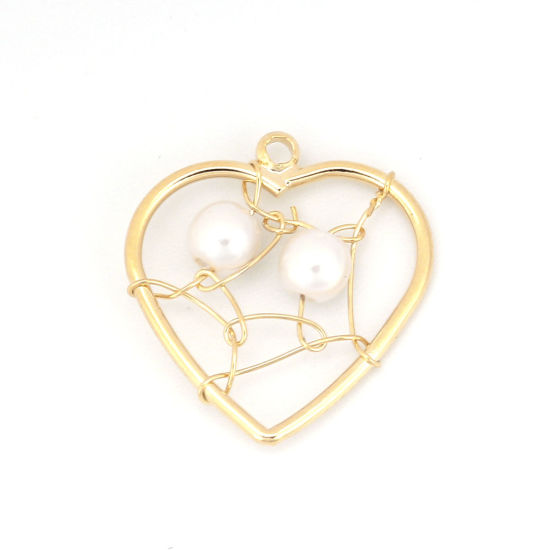 Picture of Acrylic & Brass Metallic Wire Charms Heart 18K Real Gold Plated White Imitation Pearl 18mm( 6/8") x 17mm( 5/8"), 1 Piece