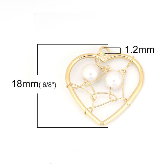 Picture of Acrylic & Brass Metallic Wire Charms Heart 18K Real Gold Plated White Imitation Pearl 18mm( 6/8") x 17mm( 5/8"), 1 Piece