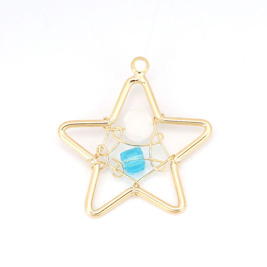 Picture of Acrylic & Brass Metallic Wire Charms Pentagram Star 18K Real Gold Plated White & Blue 21mm( 7/8") x 20mm( 6/8"), 1 Piece