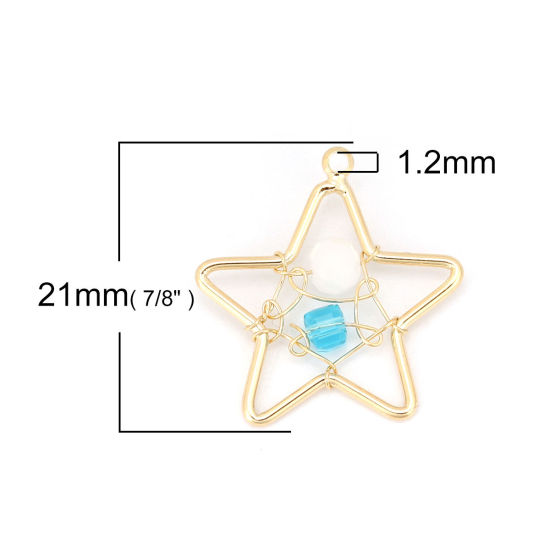 Picture of Acrylic & Brass Metallic Wire Charms Pentagram Star 18K Real Gold Plated White & Blue 21mm( 7/8") x 20mm( 6/8"), 1 Piece