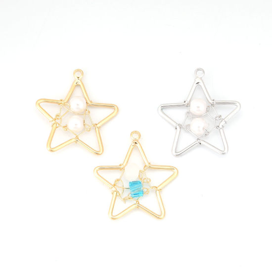 Picture of Acrylic & Brass Metallic Wire Charms Pentagram Star 18K Real Gold Plated White & Blue 21mm( 7/8") x 20mm( 6/8"), 1 Piece